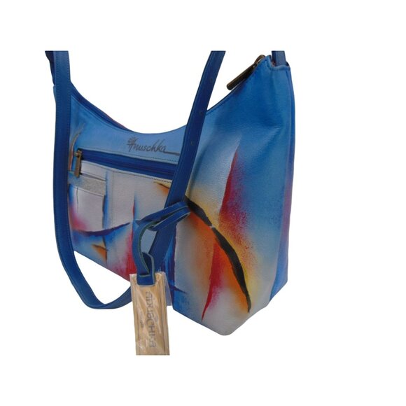 Anuschka Leather Abstract Lines Shoulder Hobo Purse Handbag Shimmer  Blue Pink - Picture 5 of 16